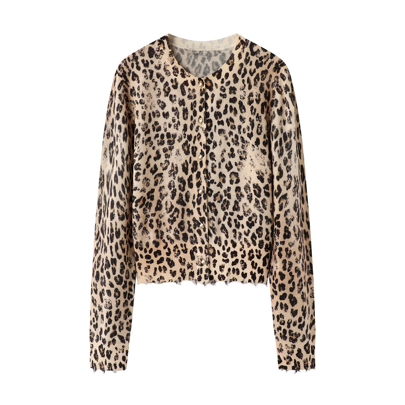 In Stock 2025 Autumn New Fashion Printed Leopard Print Knitted Cardigan Top Mbe3Car017