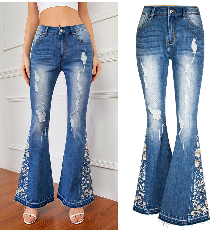 Women's Flared Jeans With 3d Embroidery Denim Trousers For Women_voghion.com