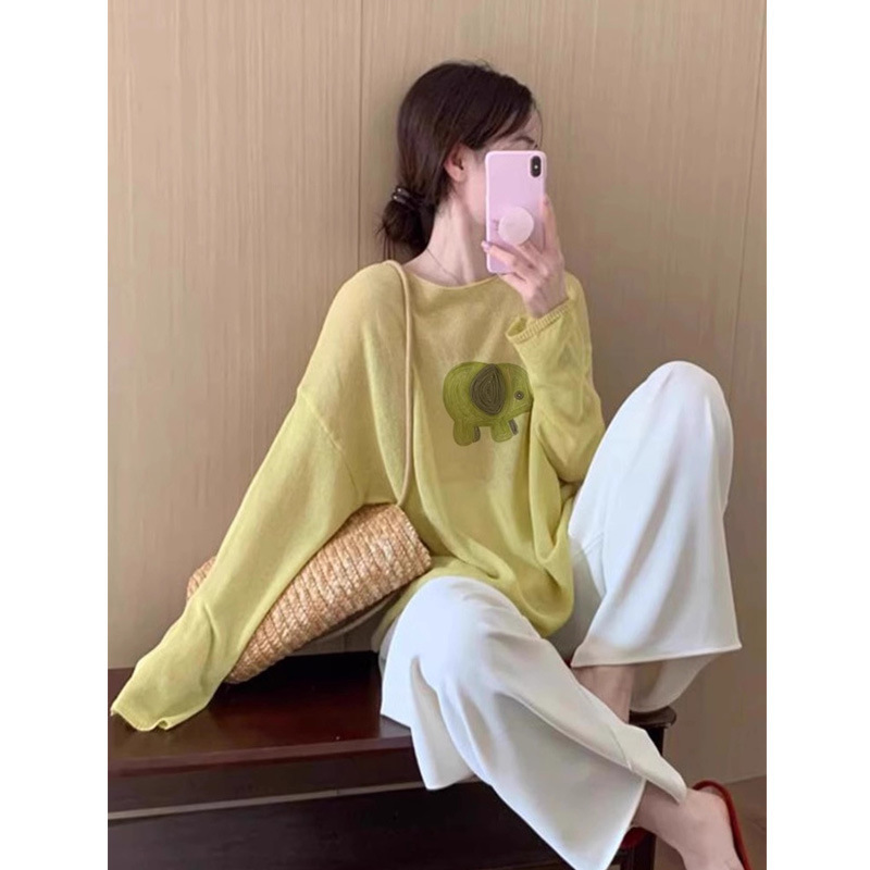 黄色小象防晒罩衫薄纱上衣韩式绝美漂亮减龄网红爆款冰丝针织t恤|undefined