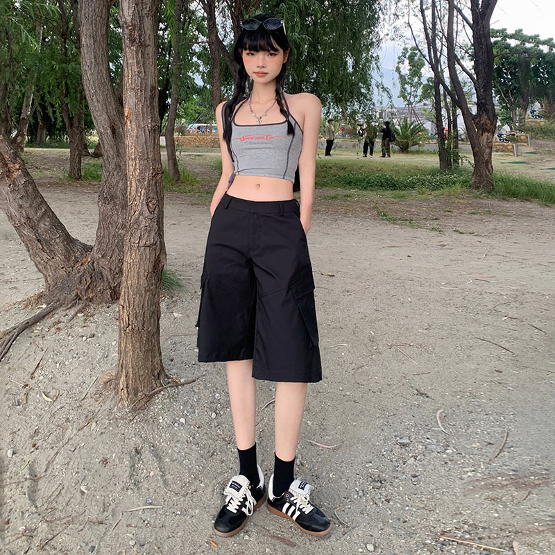 American Retro Summer Work Pants for Women 2026 Summer Design Black Casual Sports Wide-Leg Five-Point Shorts