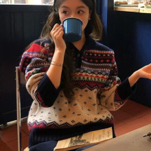 韩系费尔岛氛围感提花撞色毛衣女秋冬半开领百搭针织衫上衣女1322