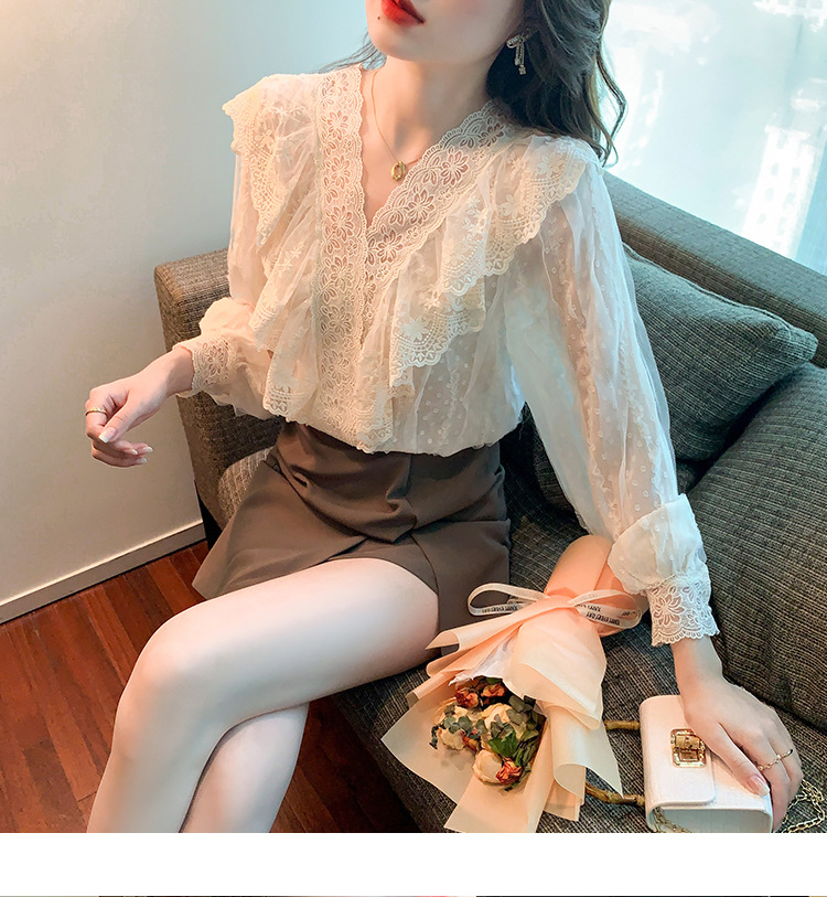 2023春季新款V领荷叶边衬衫女长袖蕾丝衫上衣温柔韩版仙女上衣详情19