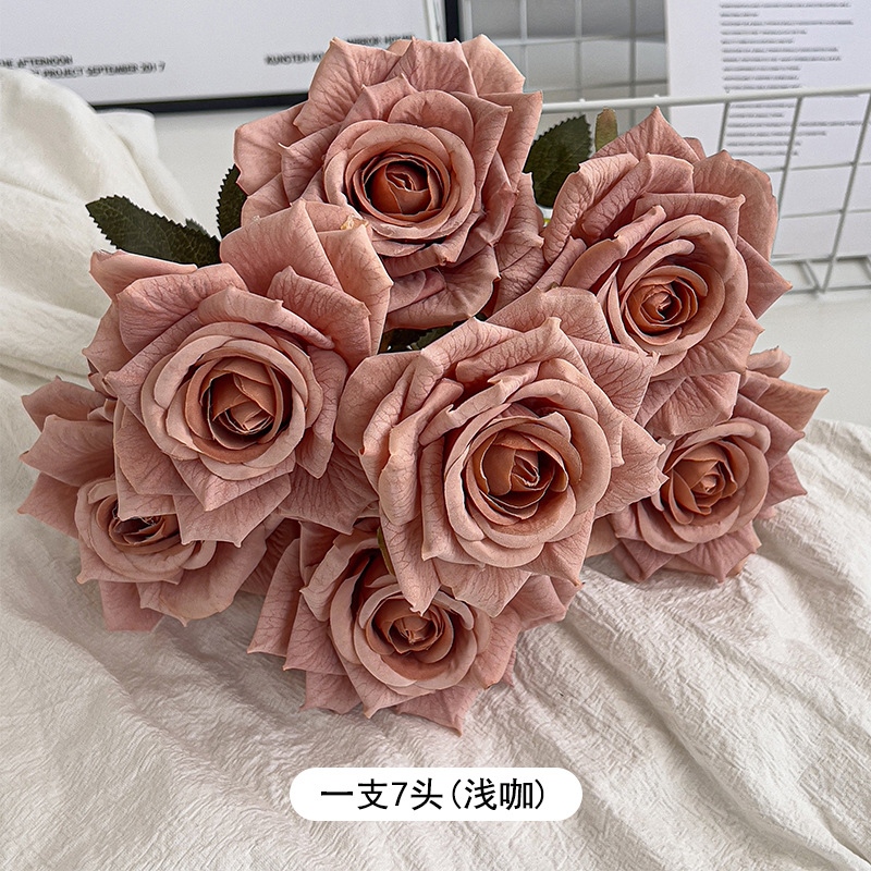 7 cabezas capuchino en relieve ramo de rosas flores artificiales boda decoración de coche flores falsas ramo de flores secas sentido de alta gama