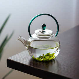 玻璃提梁泡茶壶茶水分离一人用耐高温提梁高硼硅玻璃花茶泡茶壶