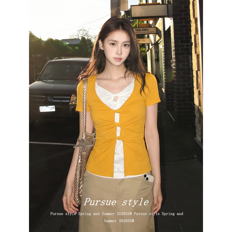 Cross-Border In-Stock Lace Fake Two-Piece T-Shirt for Women, New Summer Style, Yellow Slim-Fit Short-Sleeve Slimming Hot Girl Top Cross-Border In-Stock Lace Fake Two-Piece T-Shirt for Women, New Summer Style, Yellow Slim-Fit Short-Sleeve Slimming Hot Girl Top