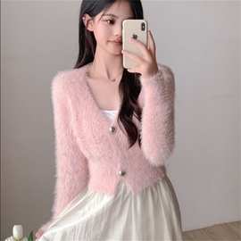 毛绒毛衣女装日系v领短款修身小开衫外套秋冬新款针织衫上衣