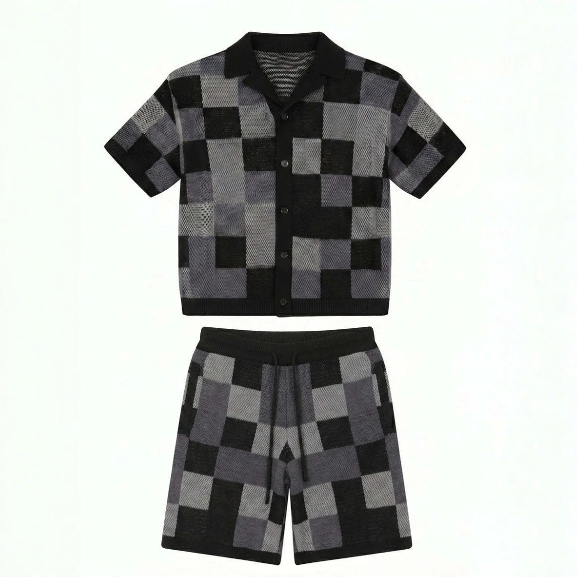 Men's Button-Down Polo Shirt with Plaid Pattern, Trendy 3D Digital Print, Fashionable Urban Loose Casual Two-Piece Set