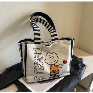 2024 Canvas Bag with Stitching, Fashionable Shopping Large-Capacity Tote Bag, Handbag with Printed Logo and Contrasting Color Stitching