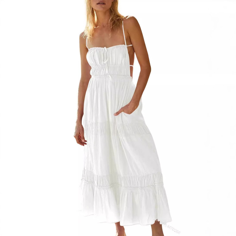 Women's Casual Vacation Dress, High-End Shoulder Straps, Backless Summer Cross-Border Layered Flowing Mid-Length Skirt with Pockets