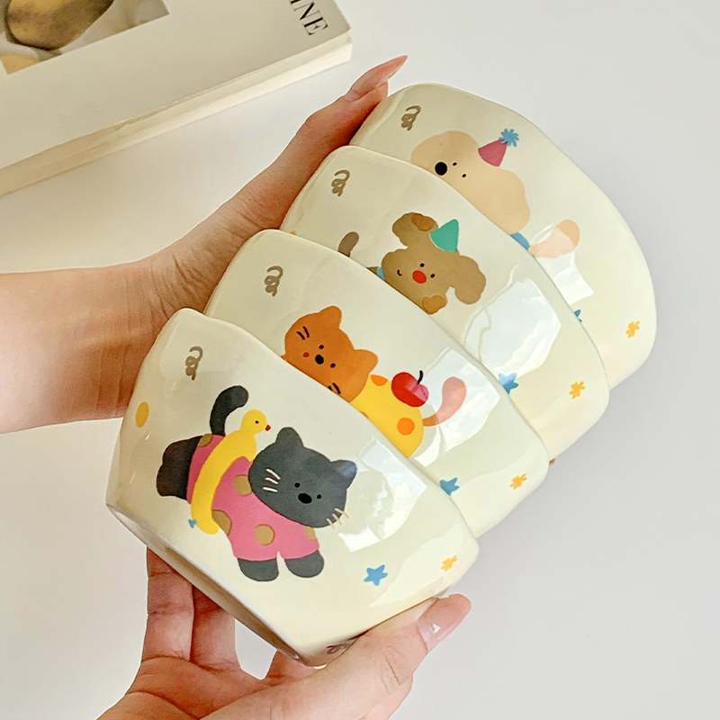 可爱韩式ins风猫狗一人一碗礼盒可爱饭碗家用陶瓷碗米饭碗具礼物|undefined