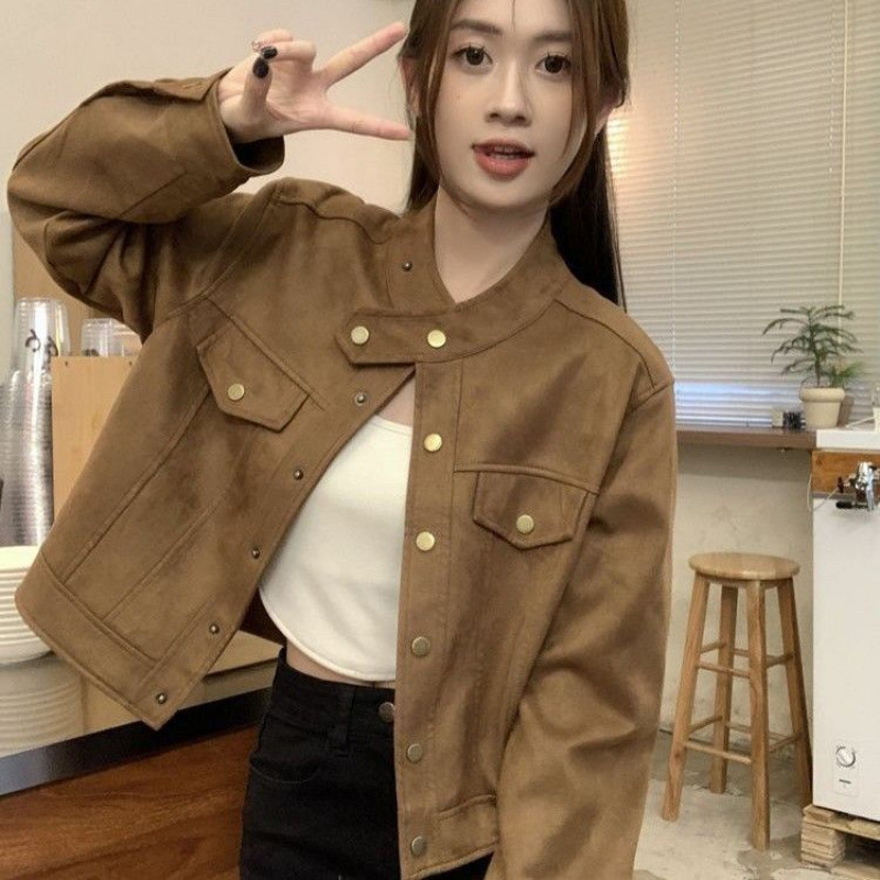 美拉德穿搭立领洋气外套女秋冬感复古宽松短款夹克麋鹿皮外套|undefined