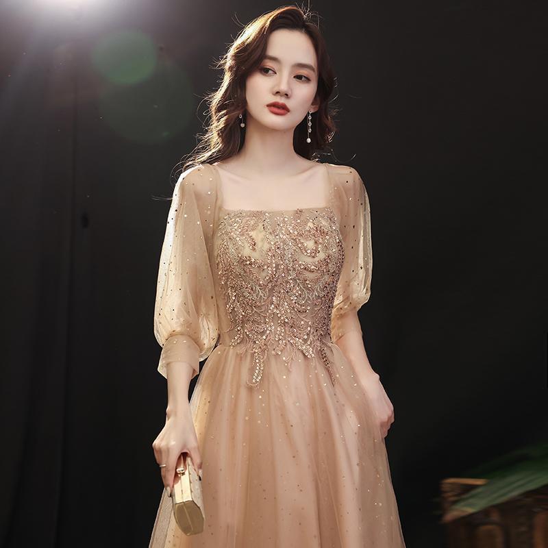 Vestido de Noche Color Champán para Banquete, Nuevo Modelo Otoño 2025, Elegante Vestido de Manga Larga para Presentadora o Actuación