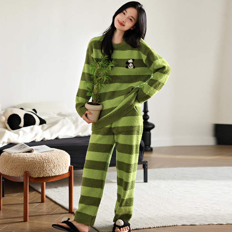 春秋款半边绒睡衣女秋冬保暖休闲圆领V领套头长袖长裤居家服套装|undefined