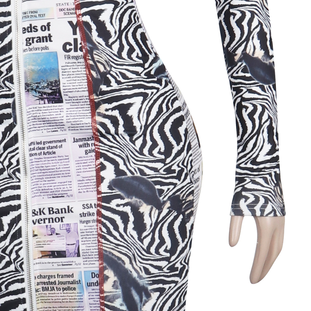 Newspaper Printing Regular Zipper V-Neck Low Cut Skinny Long Sleeve Sexy Midi Dress