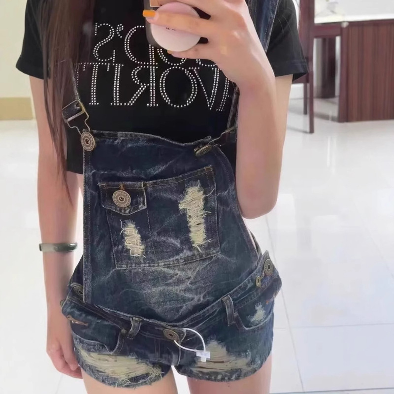 Y2K Millennial Hot Girl Niche Vintage Distressed Frayed Denim Overalls Women's Summer Low Waist Hip Slimming Shorts