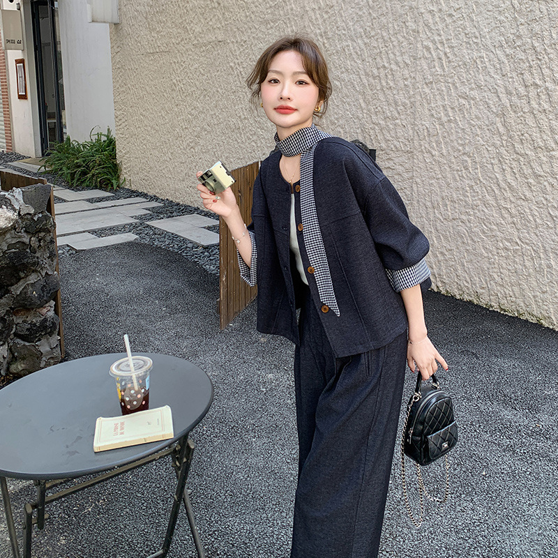 实拍又a又飒条纹拼接牛仔套装女春2025新款韩系休闲阔腿裤两件套|undefined