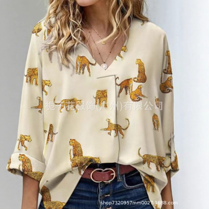 European and American Cross-Border New Style Amazon Aliexpress Loose Tops Fashionable Leopard Animal Print Casual Long-Sleeved Shirts