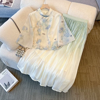 国风禅意茶服上衣 复古立领斜襟盘扣 蓝花蝴蝶印花仙气短款衬衣