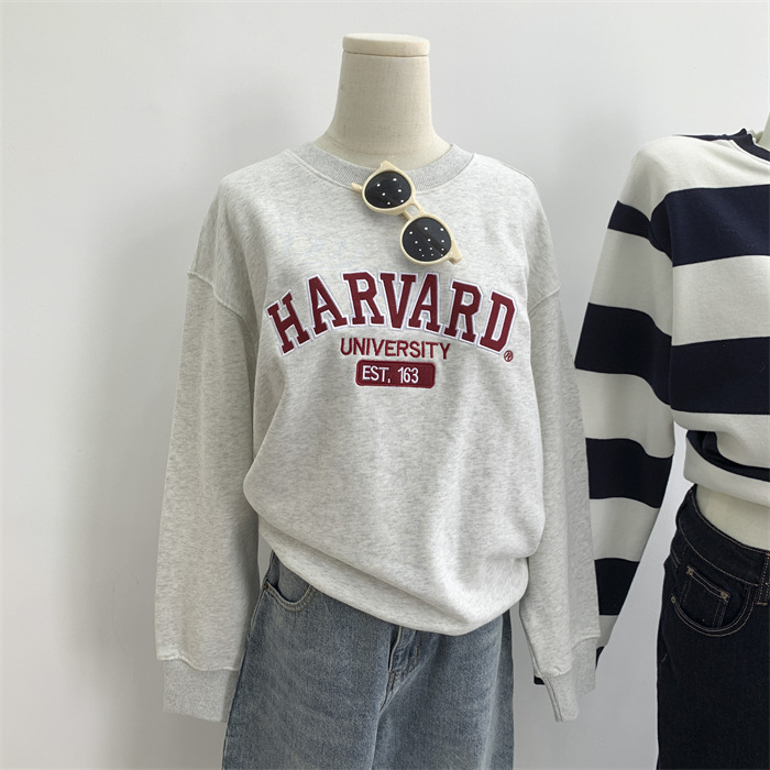 棉毛圈英文字母刺绣圆领套头灰色卫衣女2024春秋百搭慵懒风外套潮