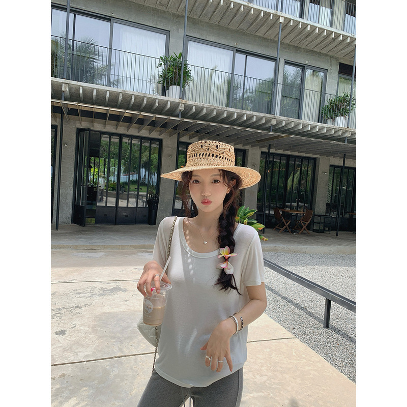 张贝贝ibell天丝羊毛宽松显瘦正肩柔软空气感U领凉凉T女轻薄透气|undefined