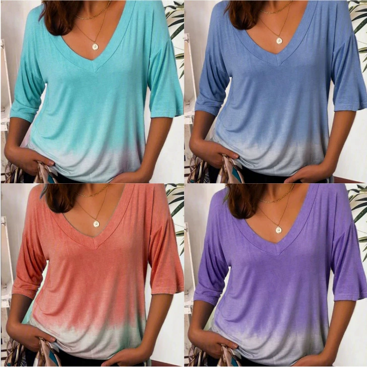 Европейские и американские трансграничные Amazon AliExpress взрывает индивидуальную цифровую печать градиент с цветочным V-образным вырезом футболка с короткими рукавами