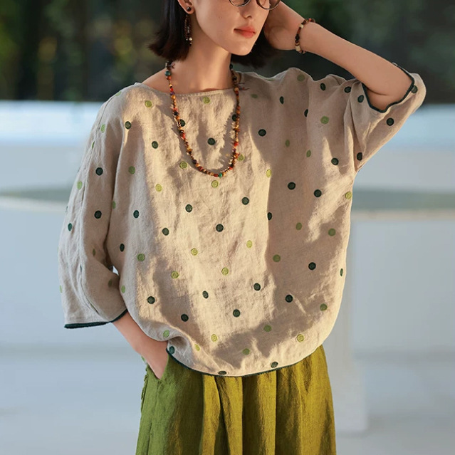 21 Pieces of 100% Linen Raindrop Hemp Color-Blocked Polka Dot Embroidered Artistic Slimming Tops 21 Pieces of 100% Linen Raindrop Hemp Color-Blocked Polka Dot Embroidered Artistic Slimming Tops