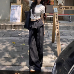 甜酷辣妹美式风花边工装休闲裤女夏季设计感黑色宽松显瘦阔腿裤子