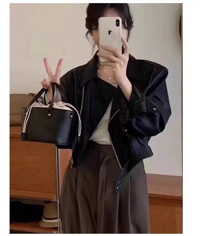 咖色pu皮衣外套女短2025春季宽松小个子复古港风长袖机车夹克上衣|undefined
