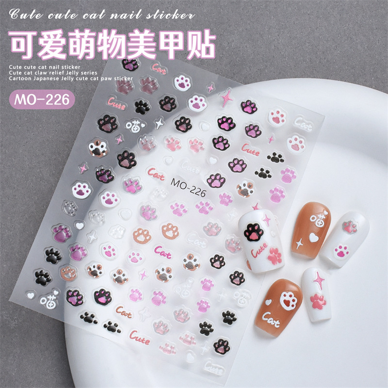 Estilo caliente, lindo, lindo, en relieve, pegatinas de uñas, animales pequeños japoneses, lindos, pegatinas de uñas de garras de gato, pegamento trasero 3D