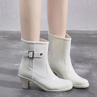 Fashionable Spring and Summer Women's Short Rain Boots, High-Heeled Cotton Water Shoes, Mid-Length Non-Slip Glass-Heeled Rubber Shoes, Casual Rain Boots for Women