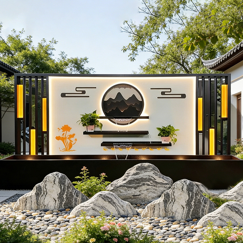 Customized Stainless Steel Rockery Screen Wall, New Chinese-Style Courtyard Waterfall Water Curtain Wall, Outdoor Finished Flowing Water Landscape