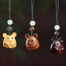 绿檀木雕金钱鼠手机挂件 可爱生肖老鼠背包装饰数钱旅游景区夜市