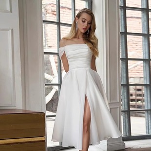 European and American Foreign Trade One-Shoulder Evening Dress White Certificate Registration Light Wedding Dress Birthday Party Fashion Slit Dress