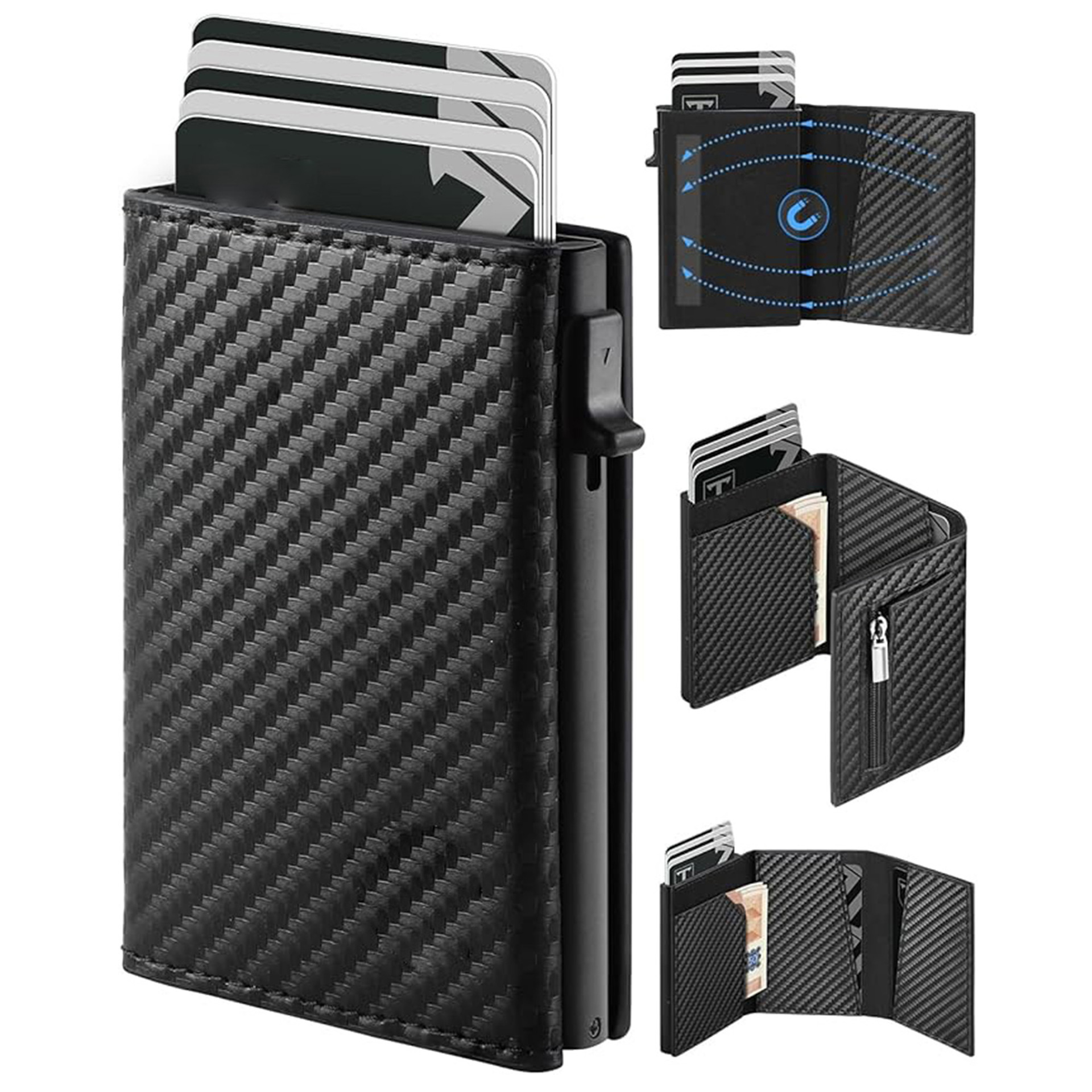 Personalizada RFID antirrobo caja de tarjetas metálicas multifuncional triple plegable con bolsa de tarjetas de cambio monedero de cuero de hombre ultra delgado