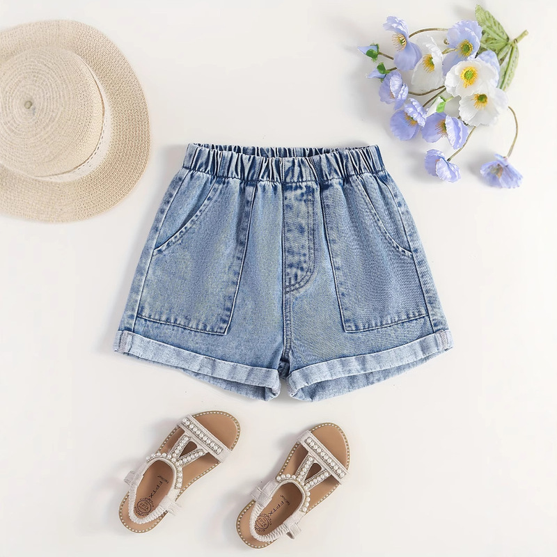 Cross-Border Summer Fashion Comfortable Medium Blue Washed Denim Shorts for Girls, Casual Cute Retro Straight Pants
