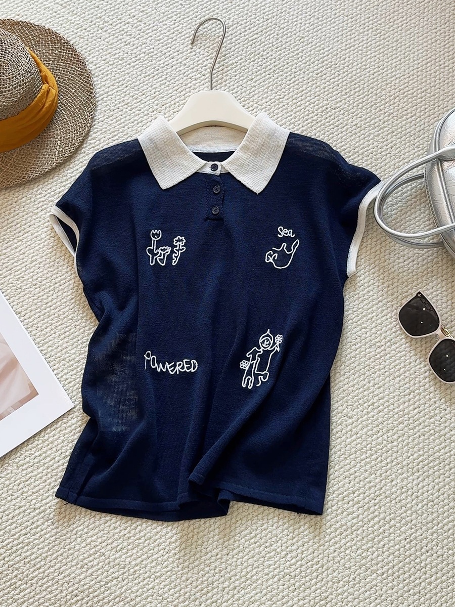 刺繍ラペルカラーブロック半袖セーター女性のための 2025 夏新ルーズ痩身多用途カジュアル薄手のセータートップ