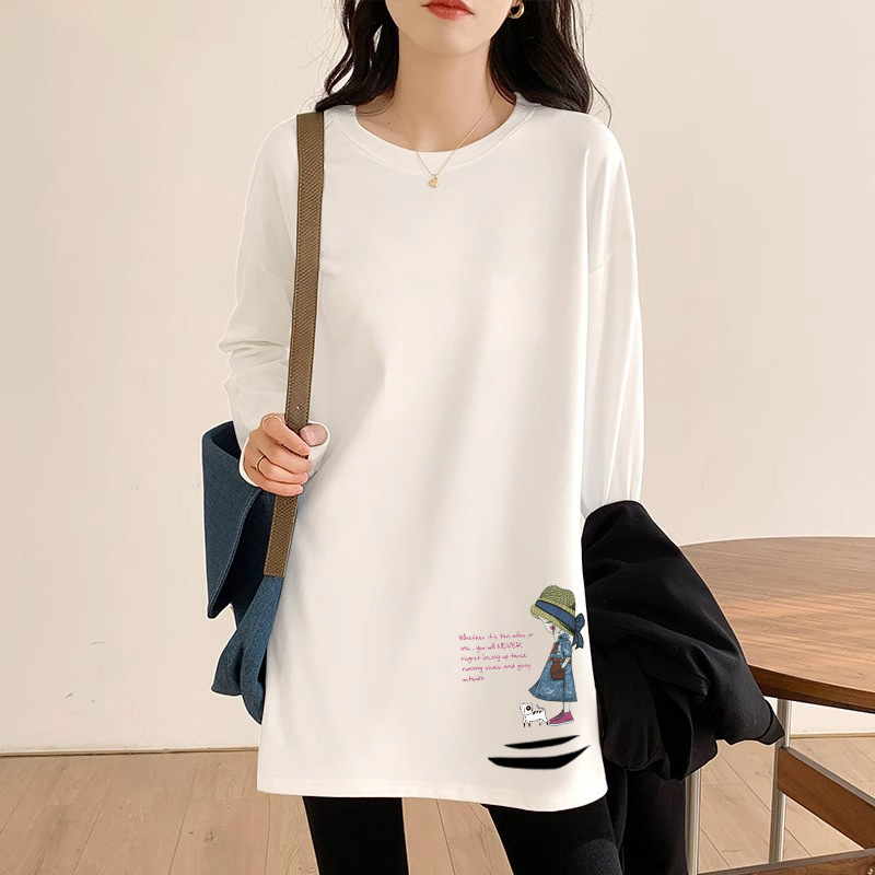 Long-Sleeved Pure Cotton T-Shirt for Women, 2026 Autumn New Style, Cartoon Print, Mid-Length, Butt-Covering, Loose Casual Top