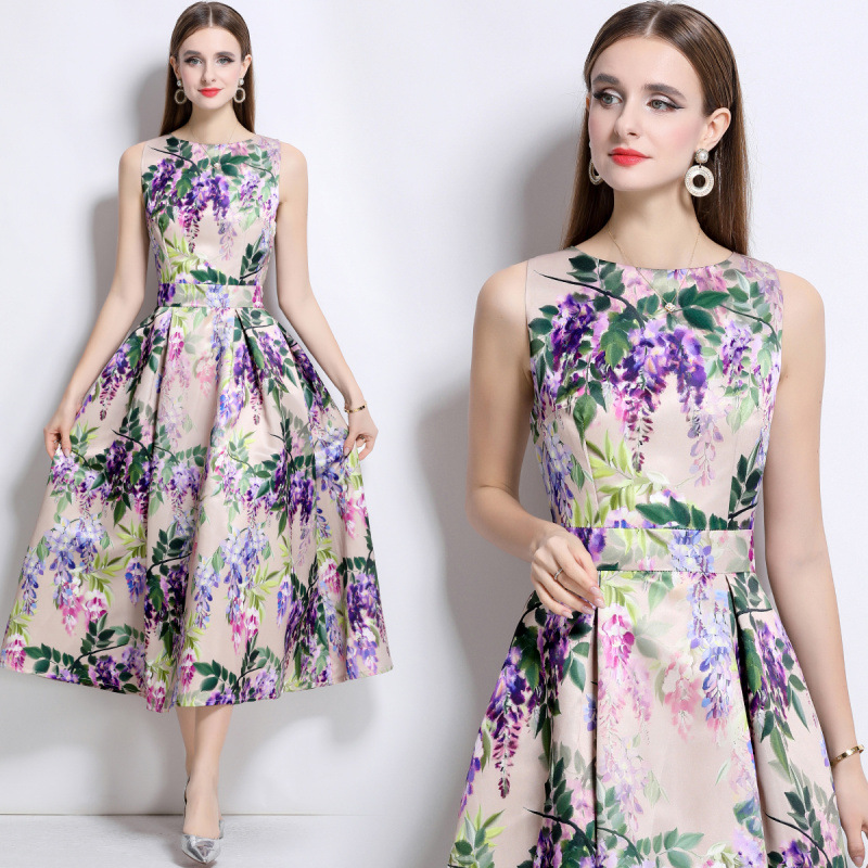 Đầm maxi nữ không tay xòe rộng chít eo in hoa cao cấp mùa hè — 6506 màu hoa, 6505 màu hoa, 6504 màu hoa, 6509 màu hoa