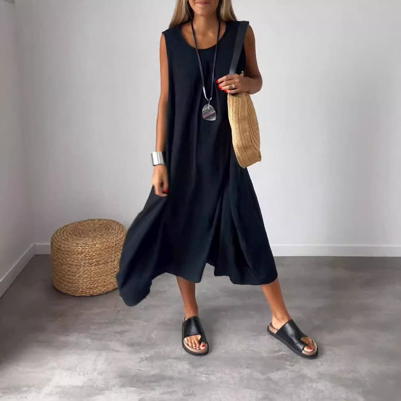 2024 Cross-border New Foreign Trade Independent Station Summer Casual Women's Cotton and Linen Solid Color Pocket Long Sleeveless dress