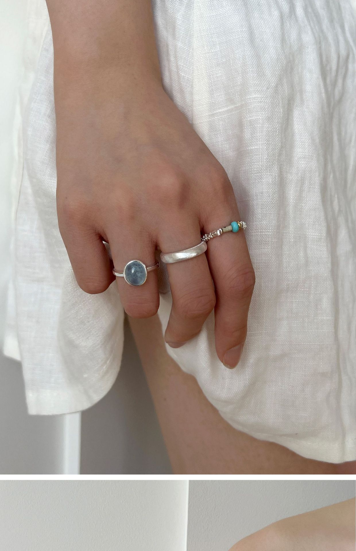Aquamarine Gemstone And Brushed Silver Ring Set For Women_voghion.com