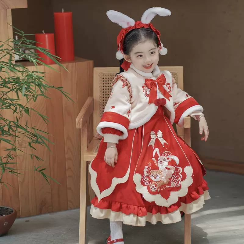 红色拜年服儿童汉服冬季小女孩童装新品连衣裙年服童套装一件包邮