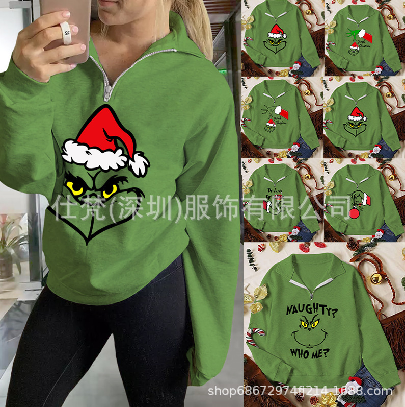 Foreign trade supply Christmas clothing Europe and the United States 1/4 zipper sweatshirt Christmas green hair strange printing explosion sweater women