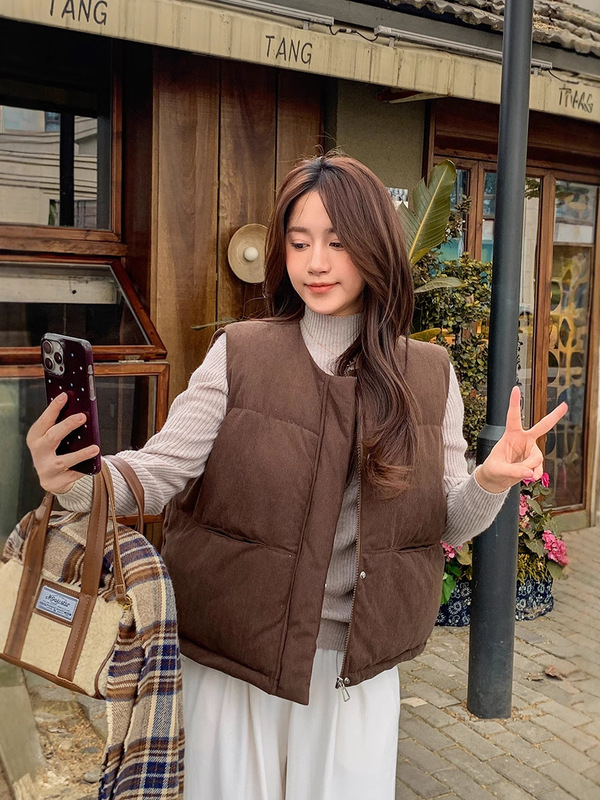 无领羽绒棉衣短款马甲女2025秋冬宽松时尚高级感面包服保暖棉服|undefined