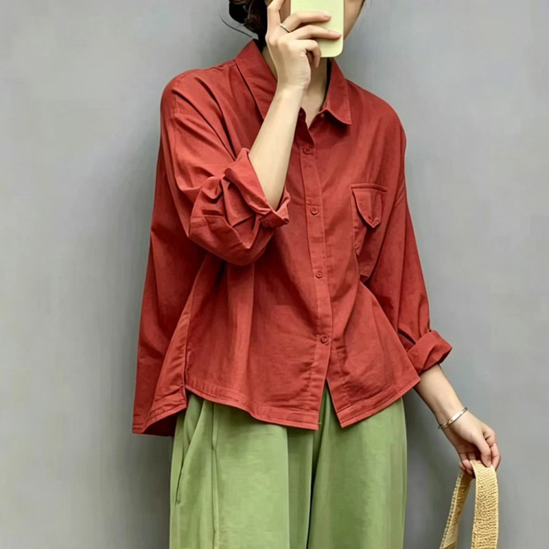 Solid color double-layer cotton gauze shirt with pocket design, loose fit, plus size women's shirt, women's clothing factory wholesale Solid color double-layer cotton gauze shirt with pocket design, loose fit, plus size women's shirt, women's clothing factory wholesale