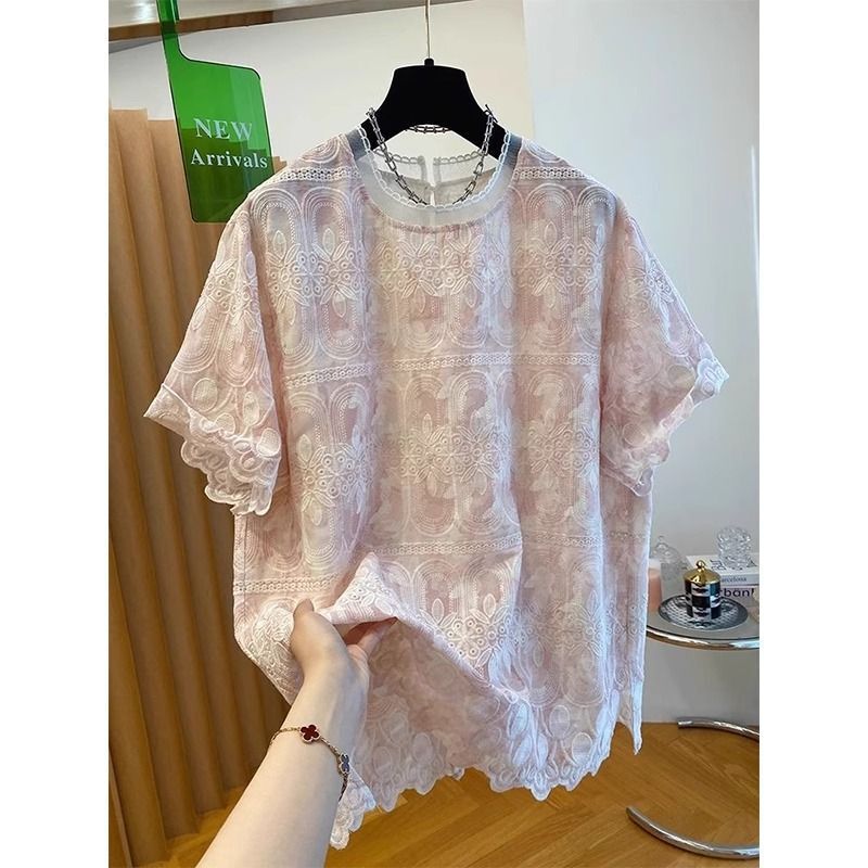 Plus Size 120kg High-End Embroidered Lace Summer 2025 New Style Loose Fat mm Short-Sleeved T-Shirt Women's Tops Plus Size 120kg High-End Embroidered Lace Summer 2025 New Style Loose Fat mm Short-Sleeved T-Shirt Women's Tops