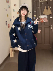 大码星星甜美软糯毛衣外套女秋冬胖mm显瘦宽松韩系慵懒风针织开衫