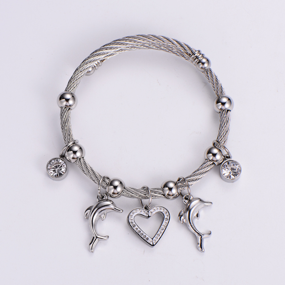 Romantic Heart Shape Titanium Steel Bangle Plating Rhinestone Stainless Steel Bracelets
