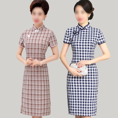 Amazon Middle and old age Summer wear Mid length version Cheongsam-style Dress new pattern Cheongsam skirt mom Chinese style lattice