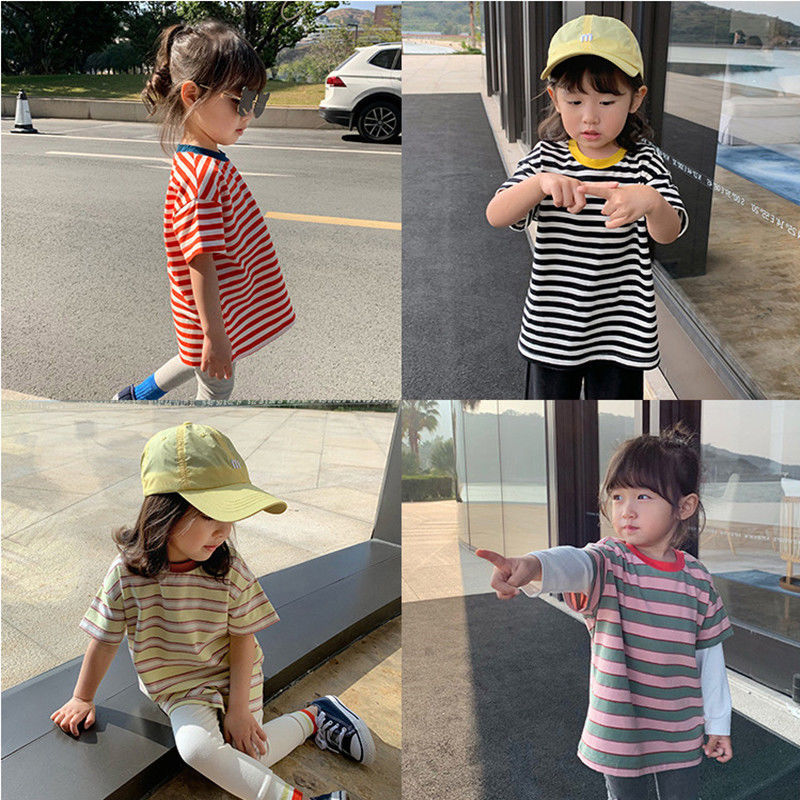 女童条纹纯棉短袖T恤2023新款夏装韩版女宝宝洋气中小童网红上衣