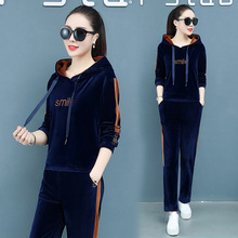 2022秋季新款宽松金丝绒运动服连帽两件套女韩版洋气减龄休闲套装